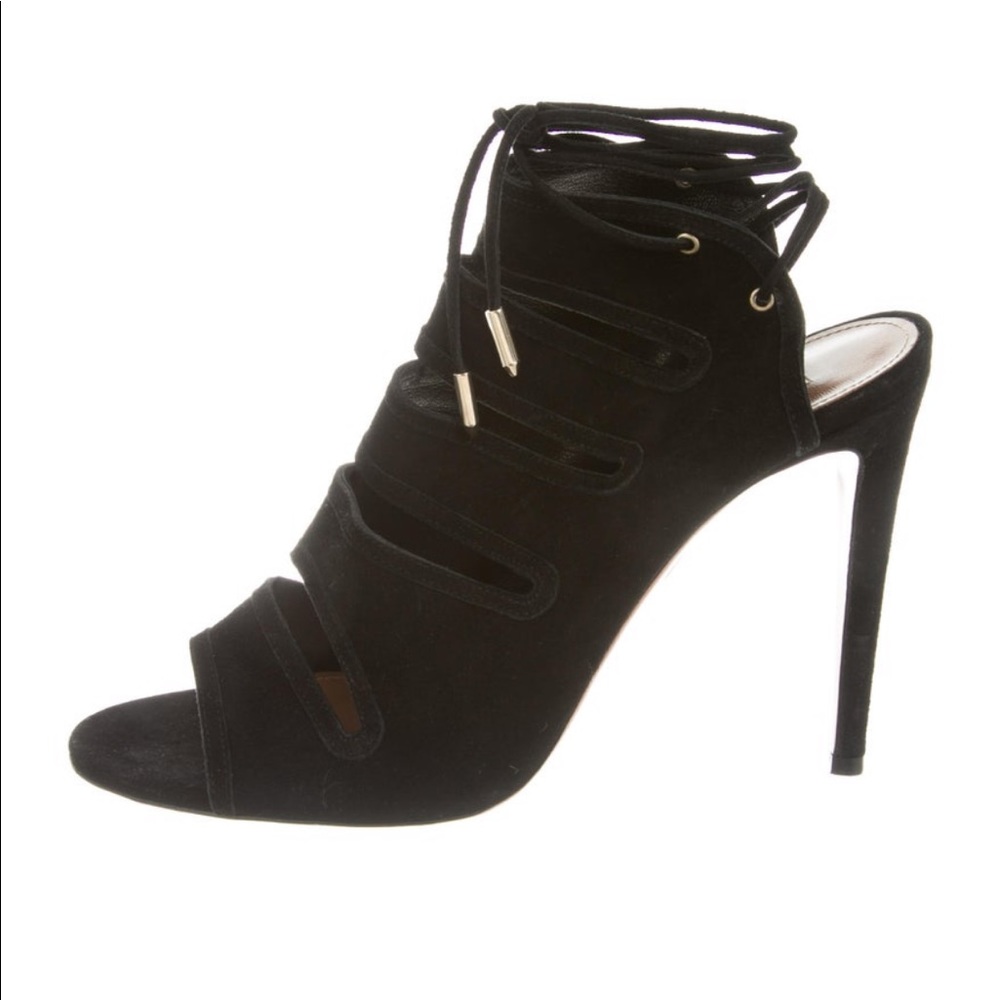 Aquazzura black suede lace up heels